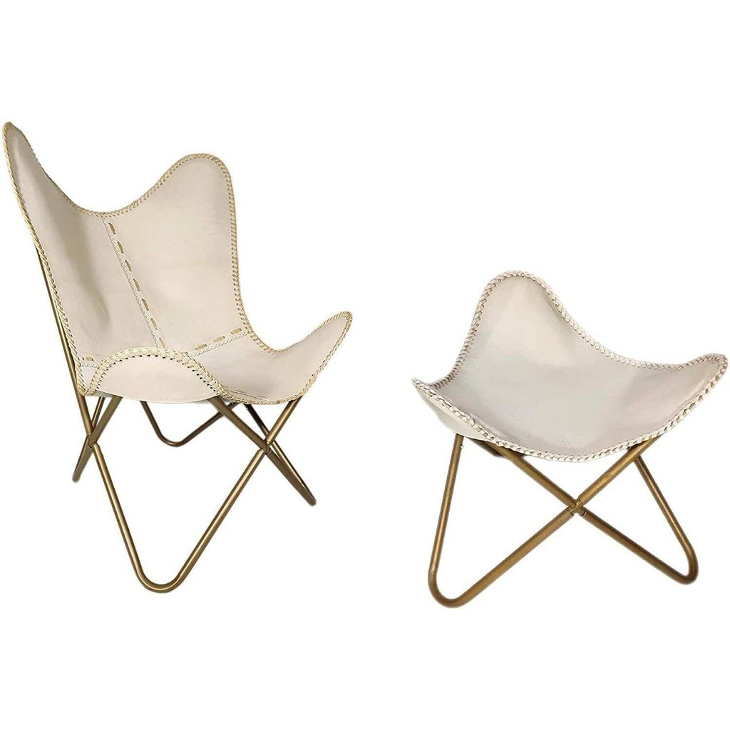 Handmade Genuine Leather Butterfly Chair With Footstool Foldable Relax Arm Chair
