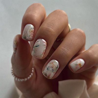 24 шт., новый китайский стиль, накладные ногти, цветочный маникюр, накладная пленка для ногтей, короткая европейская квадратная накладная пленка для ногтей