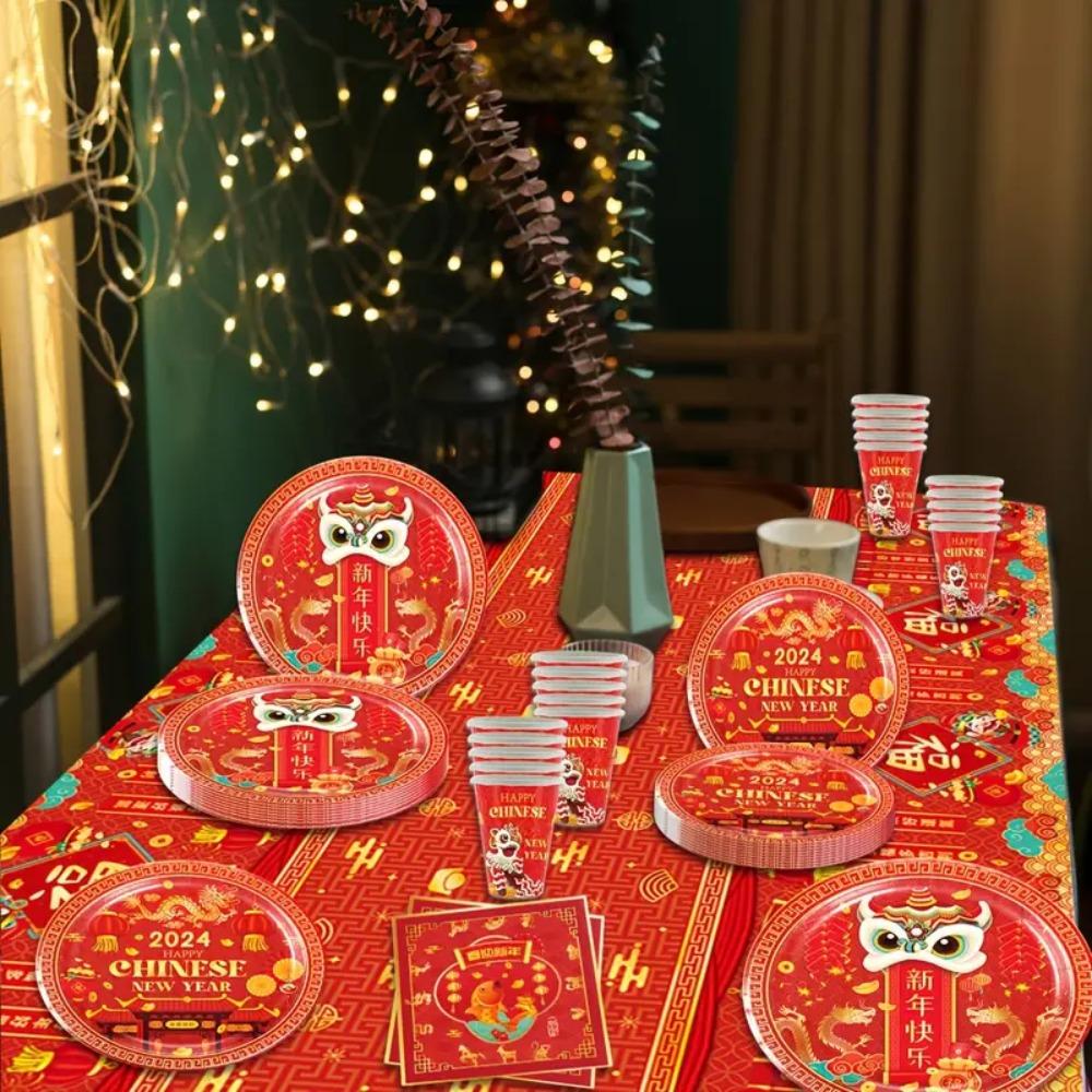 Serves 12 Paper Disposable Tableware Set Plates Cups Napkins Tablecloth Year of The Dragon