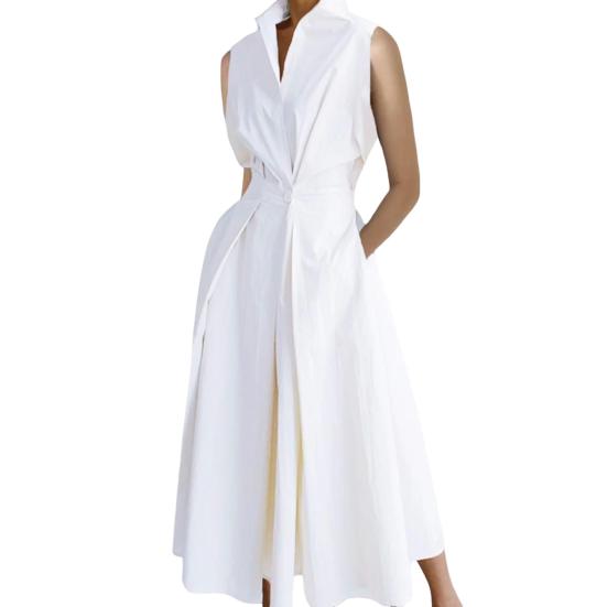 Женское платье трапециевидной формы на пуговицах с лацканами, большие качели, обтягивающее платье без рукавов с высокой талией, карманами, формальный стиль, однотонное женское платье миди