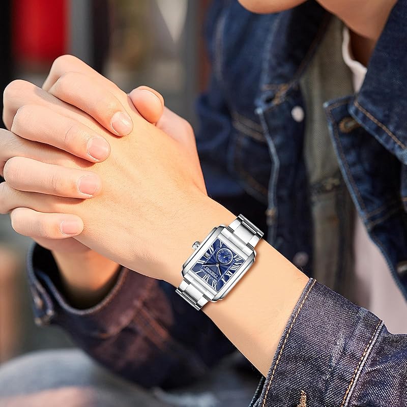 Square Watch Men's 3ATM Waterproof Stainless Steel Belt: Romaji Analog Calendar Quartz Watch Casual Watch Simple Fashionable Silver Fashion