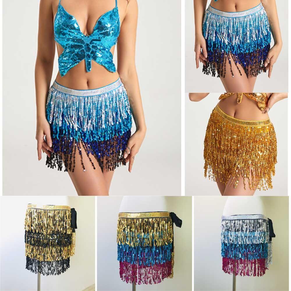 Bohemian Sequin Fringed Skirts Tassels Wrap Belts Show Dancer Skirt Women