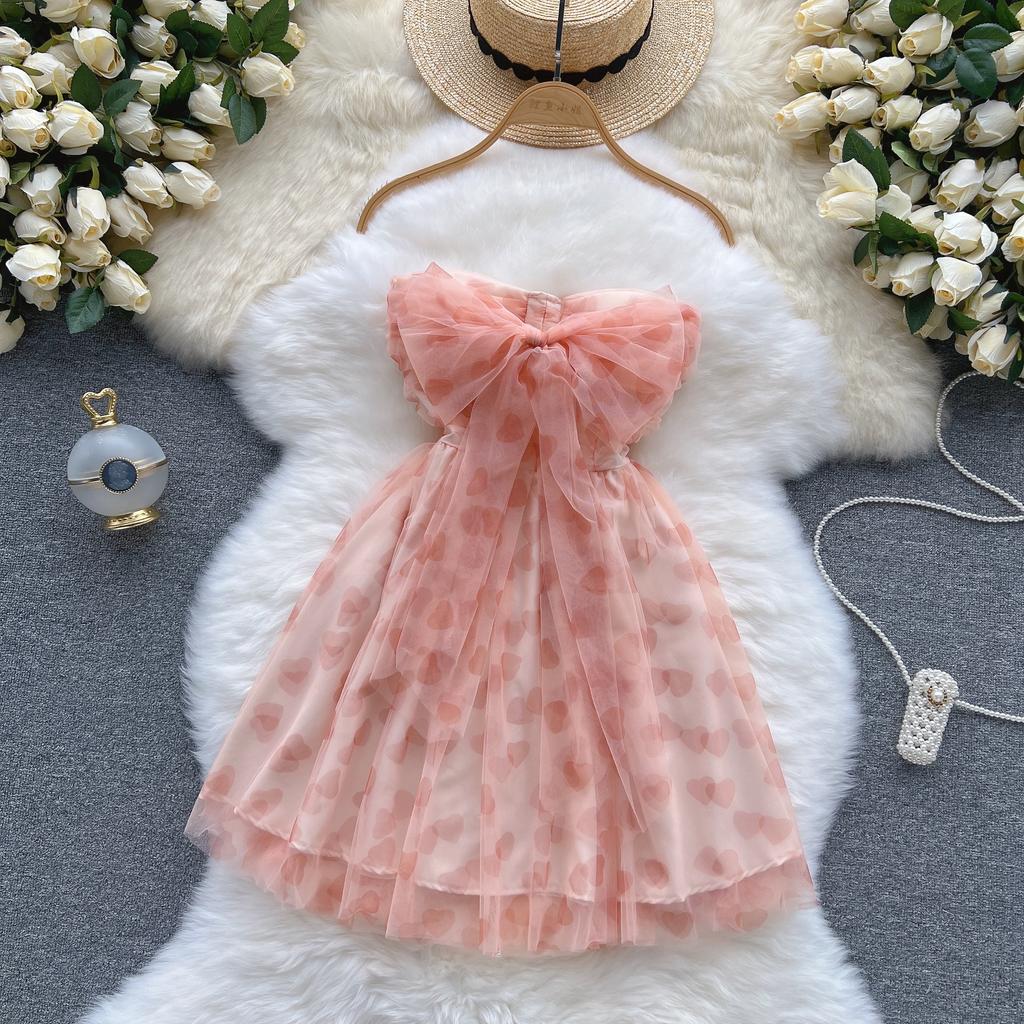 Women's Summer Pink Sweet Dress Mesh Party Mini Cute Dresses