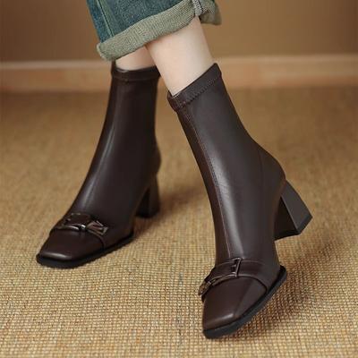 Осенне-зимние винтажные модные женские квадратные короткие сапоги из коровьей кожи с пряжкой на ремне, сексуальные элегантные эластичные сапоги с вставками