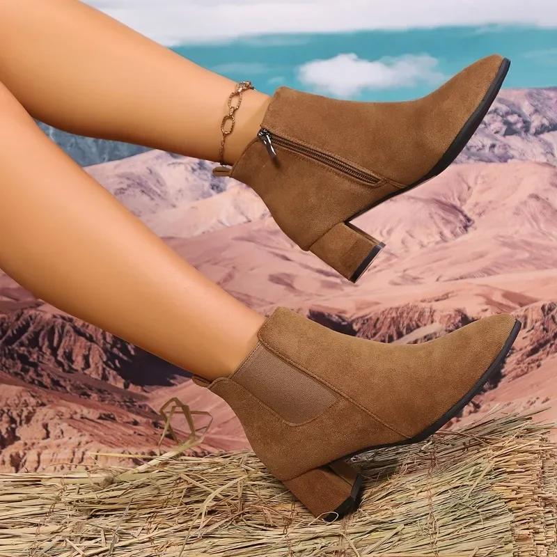 Зимние женские ботильоны, распродажа 2025 года, новые женские сексуальные заостренные носки, классические однотонные замшевые модные ботинки на толстом каблуке