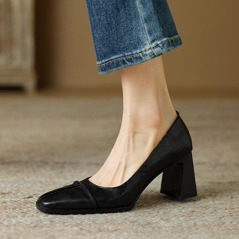 Мода 2024 Базовые женские туфли-лодочки Весна Лето Толстый высокий каблук Натуральная кожа Квадратный носок Зрелая офисная леди Рабочая обувь Женские туфли-лодочки