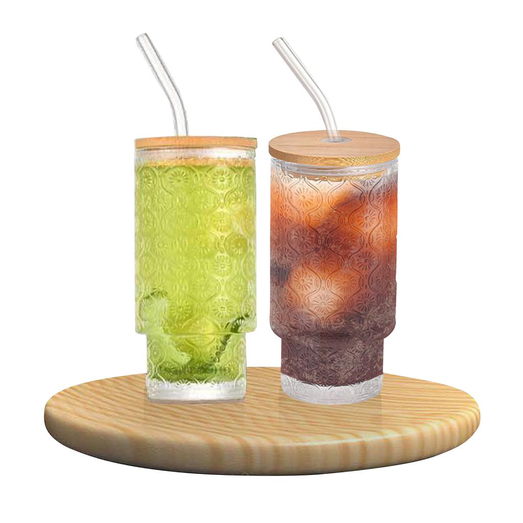 Стильный стеклянный стакан 16 унций с крышкой-соломинкой и щеткой для чистки для холодного кофе и смузи, дизайн с узором "Бегония"