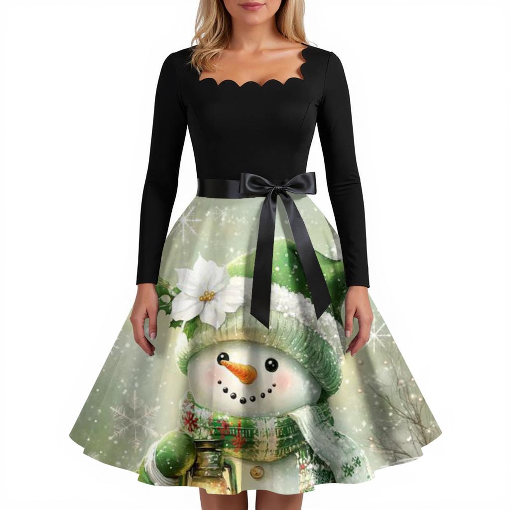 Женское модное ретро вечернее платье с длинным рукавом, квадратным вырезом и рождественским принтом