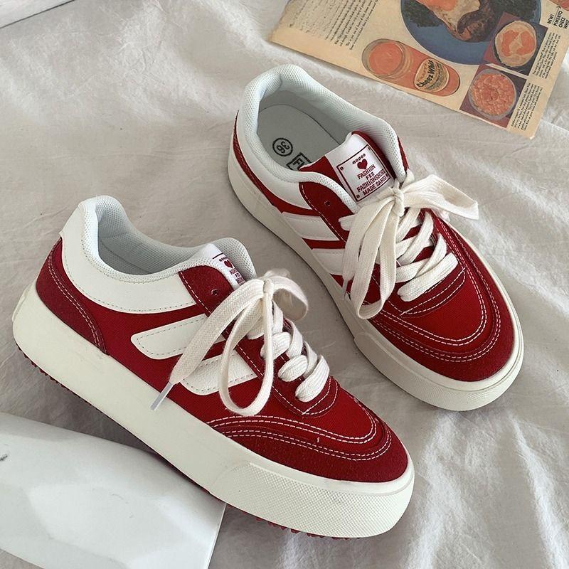 Spring and Autumn Retro Red Board Shoes Women's Versatile Casual Canvas Shoes Hong Kong Style Shoes Women