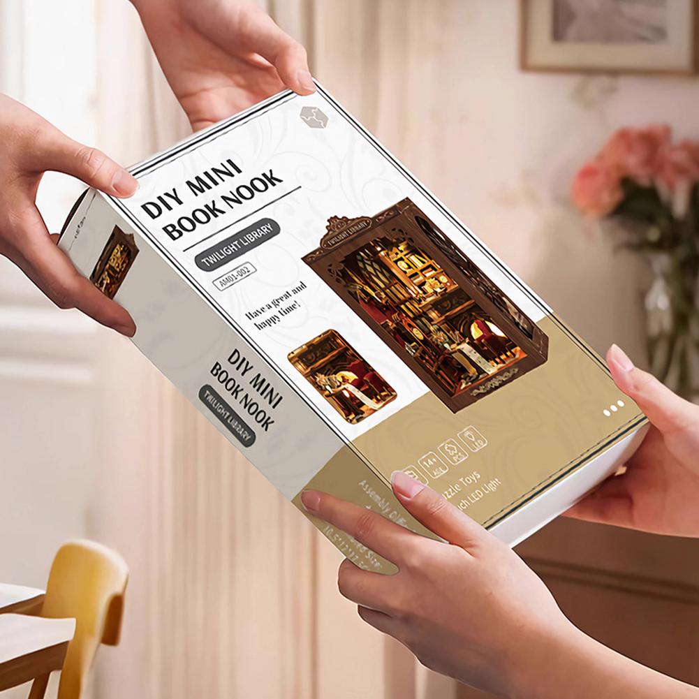 DIY книжный уголок, миниатюрный деревянный кукольный домик со светом, вставка-полка для книг, модель-украшение для книжного магазина, воспоминания, 3D-пазл для сборки