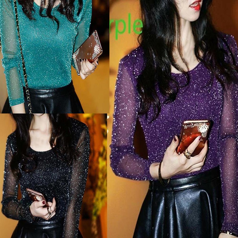 Футболка с блестящей сеткой, водолазка с длинными рукавами, блузки для вечеринок, обтягивающий тонкий топ