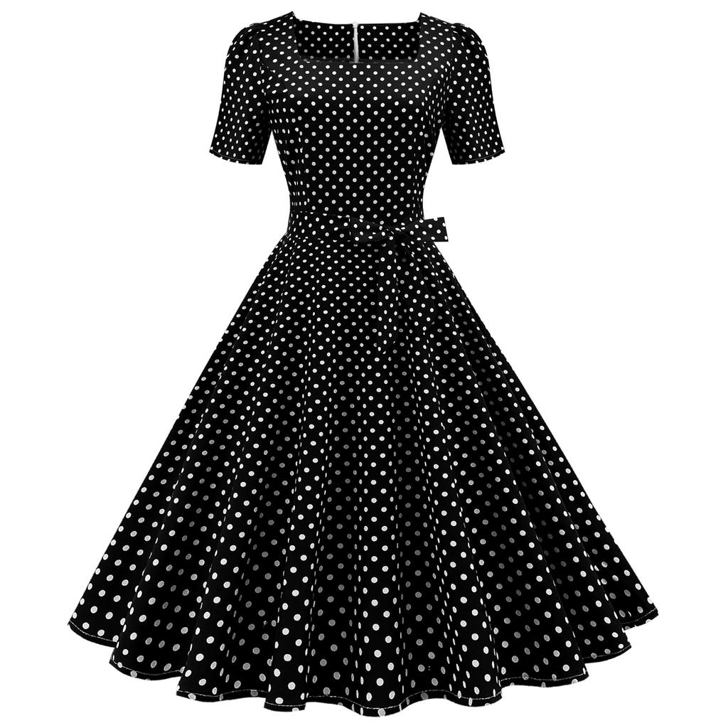 Retro Women's Square Neck Short Sleeve Polka Dot Print Lace Up Waist Big Swing Dress