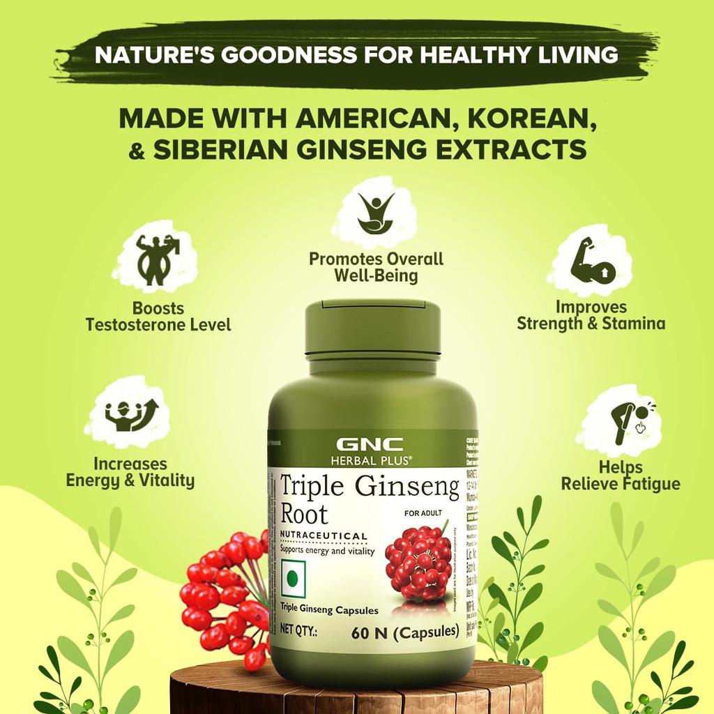 GNC Herbal Plus Тройной женьшень с корейским, американским и сибирским женьшенем | 60 капсул | 700 мг | Укрепляет иммунитет | Повышает силу и выносливость | I