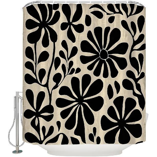 Черная Бохо Цветочная Шторка для Душа Ретро Абстрактные Цветы Листья Милое Растение Винтажная Эстетика Современная Крутая Рустикальная Мид-сенчури Искусство Ванная Комната Декор Шторка с