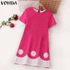 Women Summer O Neck Short Sleeve Printed Casual A-Line Dresses