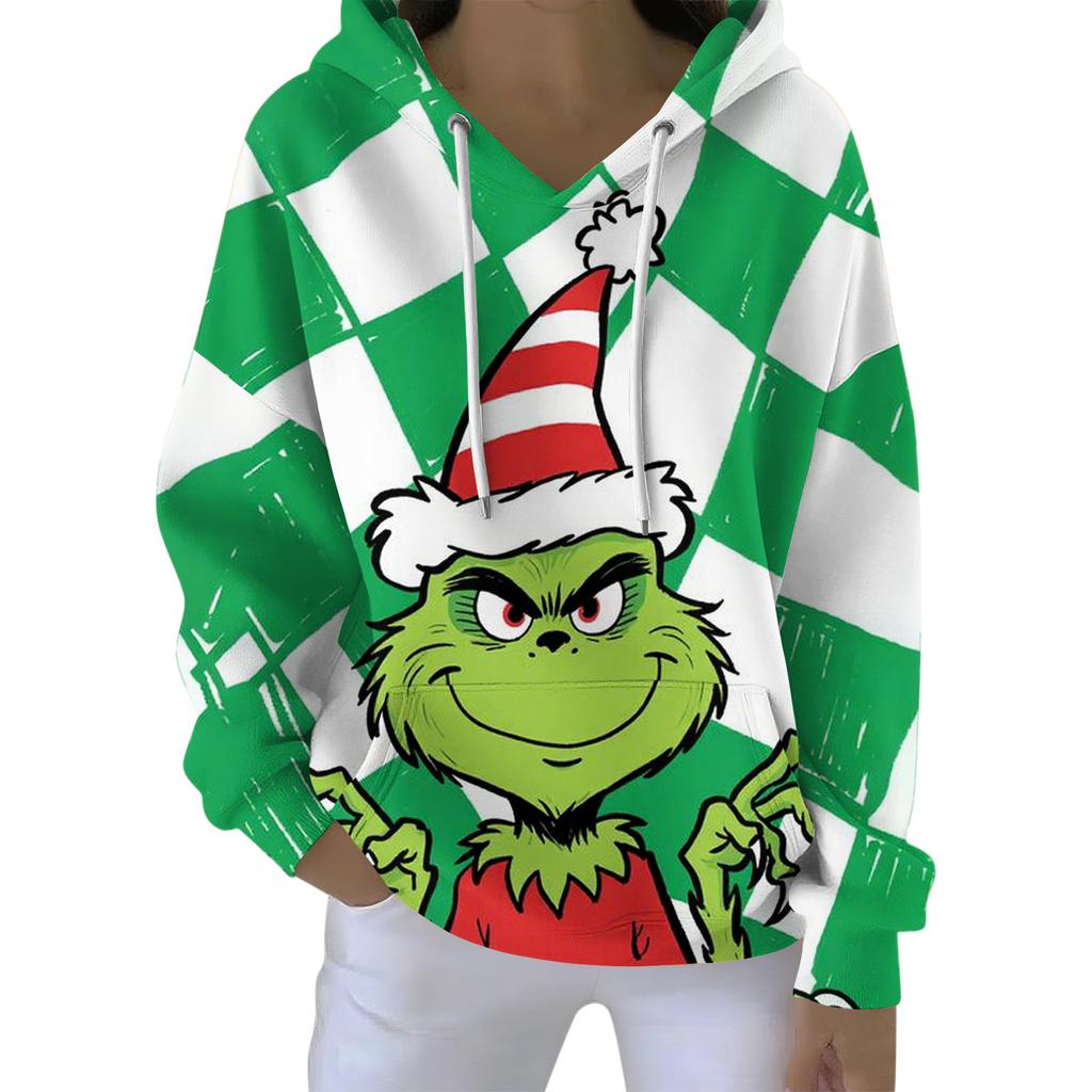 Ladies' Loose And Comfortable Drawstring V-neck Long Sleeved Christmas Printed Sweatshirt