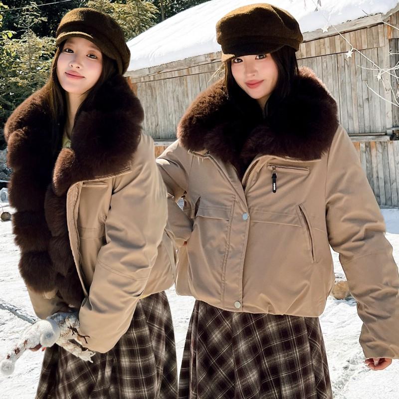Womens Short Puffer Coat Winter Faux Fox Fur Trim Loose Parka Thick Warm Cotton Jacket