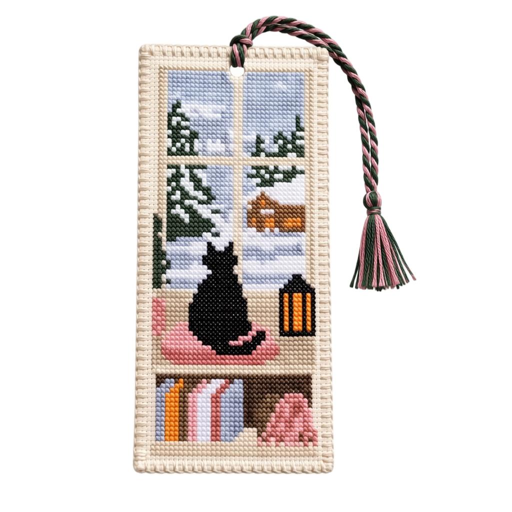 Сезонная закладка для вышивания крестом с кошкой и кисточкой. Ручная работа. Аксессуар для чтения для любителей книг и рукоделия.