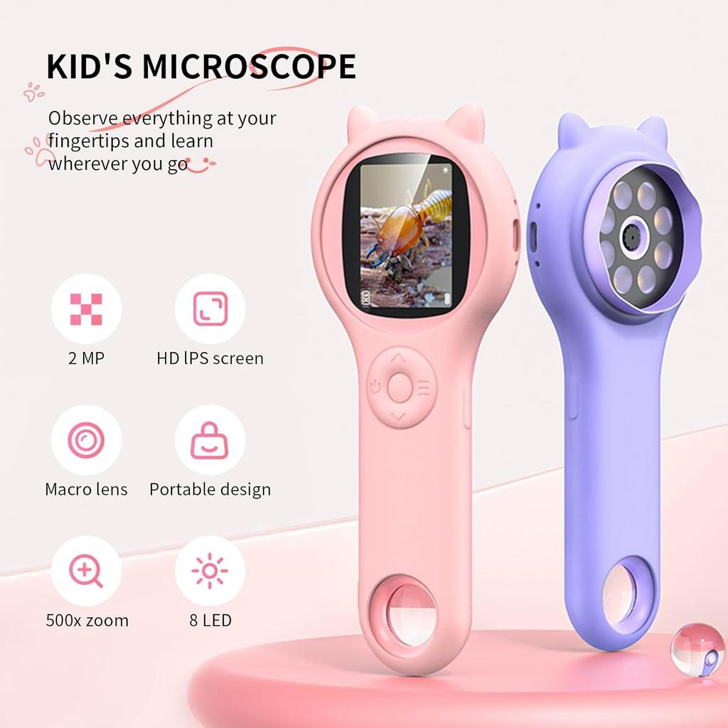Pink and Purple Microscope Portable Digital Mini Microscope- Your Little Scientist Miniscope - STEM Toy for Age 7 8 9 10 11 12 Years Old Toddlers.