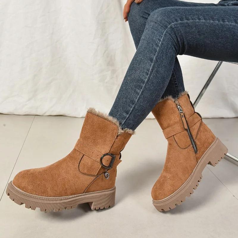 Fashion 2025 Brand Ladies Shoes Mid-Calf Women's Boots Fashion Belt Buckle Daily Winter Plus Velvet Keep Warm Comfortable Snow Boots