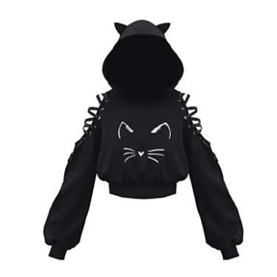 Осенняя женская свободная посадка на Хэллоуин, спортивная толстовка с капюшоном, на шнуровке, с открытыми плечами, с длинным рукавом, с кошачьими ушками, укороченная толстовка с капюшоном