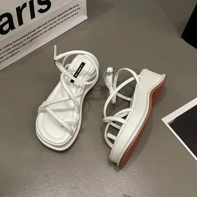 Модная женская обувь 2024 года, женские сандалии на среднем каблуке, повседневные, плоские, низкие, толстые, для девочек, летние, бежевые, гладиаторские сандалии, Zapatos Mujer