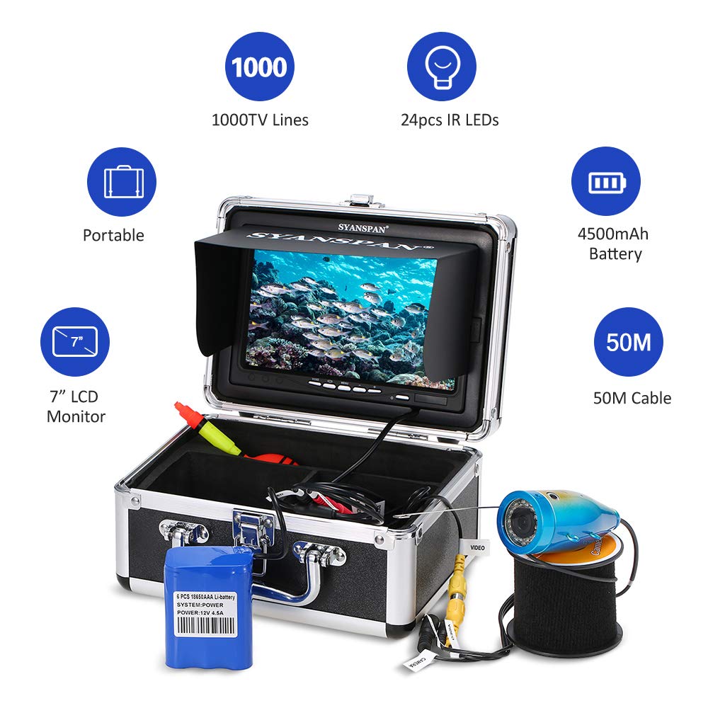 HEIYE Portable Ice Fishing Camera with 1000 Waterproof Underwater Fishing Camera Kit with 24 LEDs and Fish Finder for Ice Lake Boat 50m 7" Monitor,