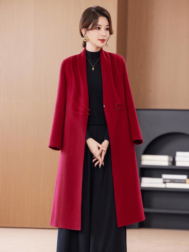 Women's Red Double-Sided Long Wool Coat - 2025 Autumn/Winter Slimming Over-the-Knee Style