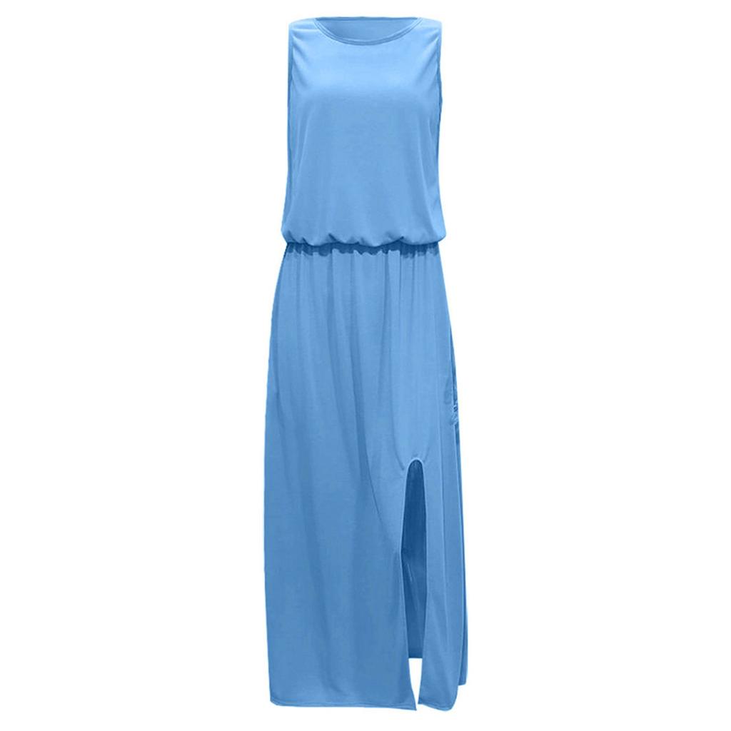Women Sleeveless Casual Solid-Color Summer Swing Long Dresses Party Beach Round Neck Summer Dresses