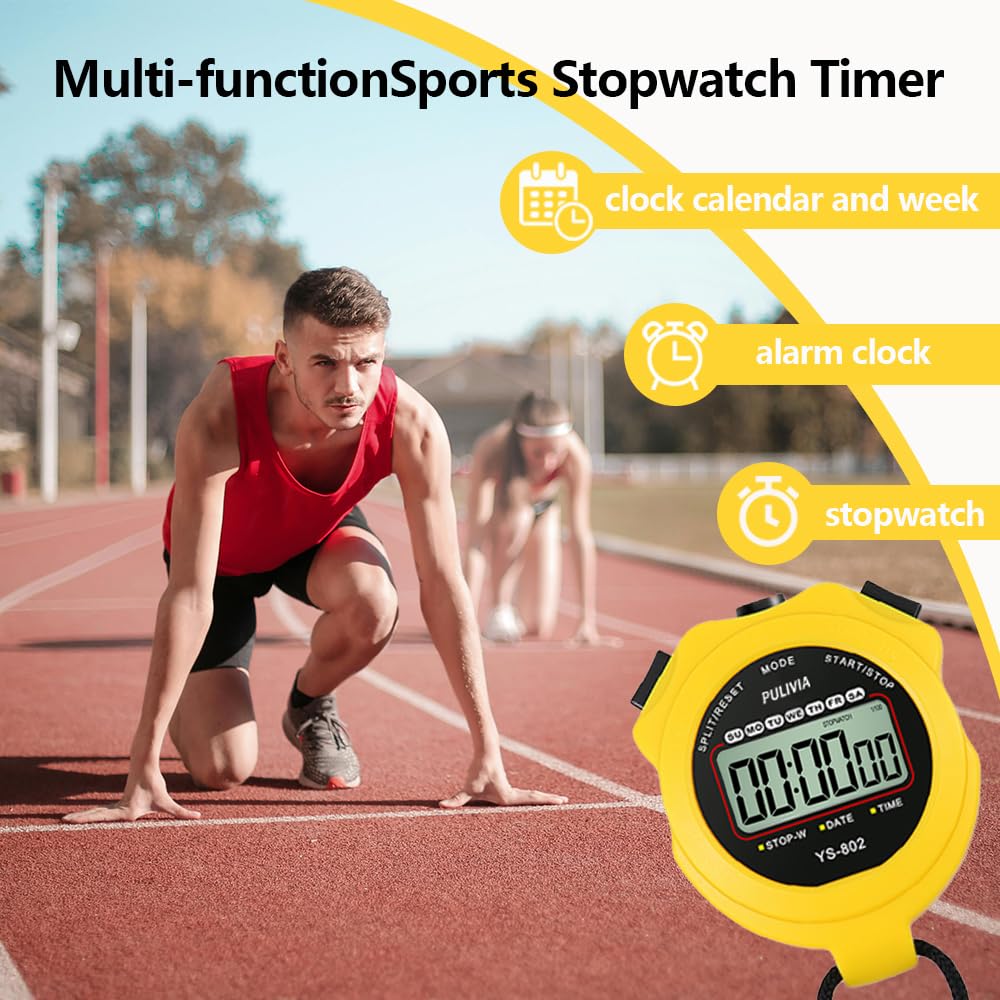 PULIVIA Sports Stopwatch Single Lap Split Digital Stopwatch for Sports Kids and Yellow Timer, Coaches, Swimming, Running,