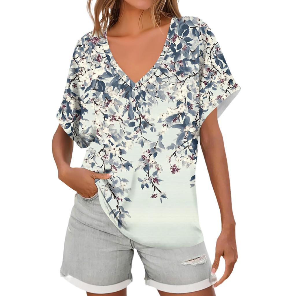 Womens Short Sleeve V-Neck Shirts Floral Print Loose Casual Basic Tees Summer Tops