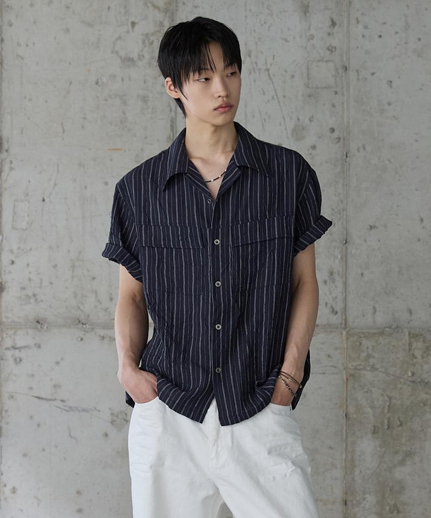 P.IN.O Crease Stripe Open Collar Shirt - Navy
