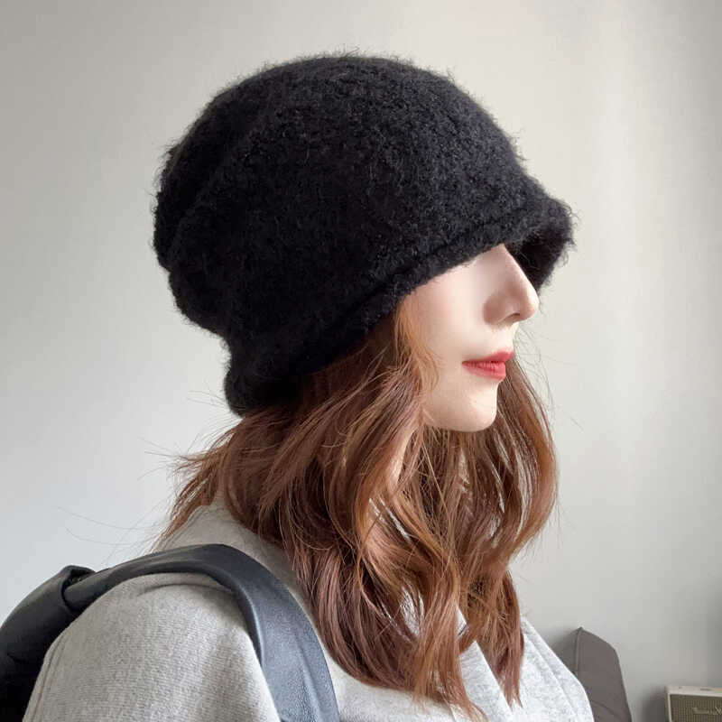 Дизайнерская вязаная круглая шапка для волос, однотонная, женская, осенне-зимняя, баотоу, защитная шапка для ушей, завивка, шерстяная, универсальная