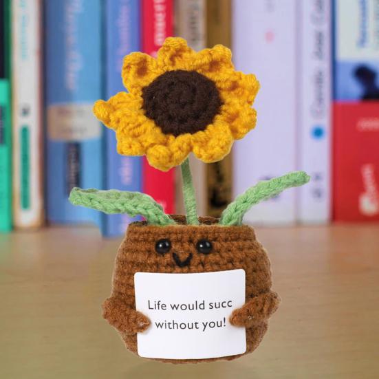 Вязаная крючком кукла подсолнуха, игрушка ручной работы для эмоциональной поддержки с ободряющей карточкой, вязаное украшение для горшка с растением подсолнечника, забавная кукла позитивной жизни