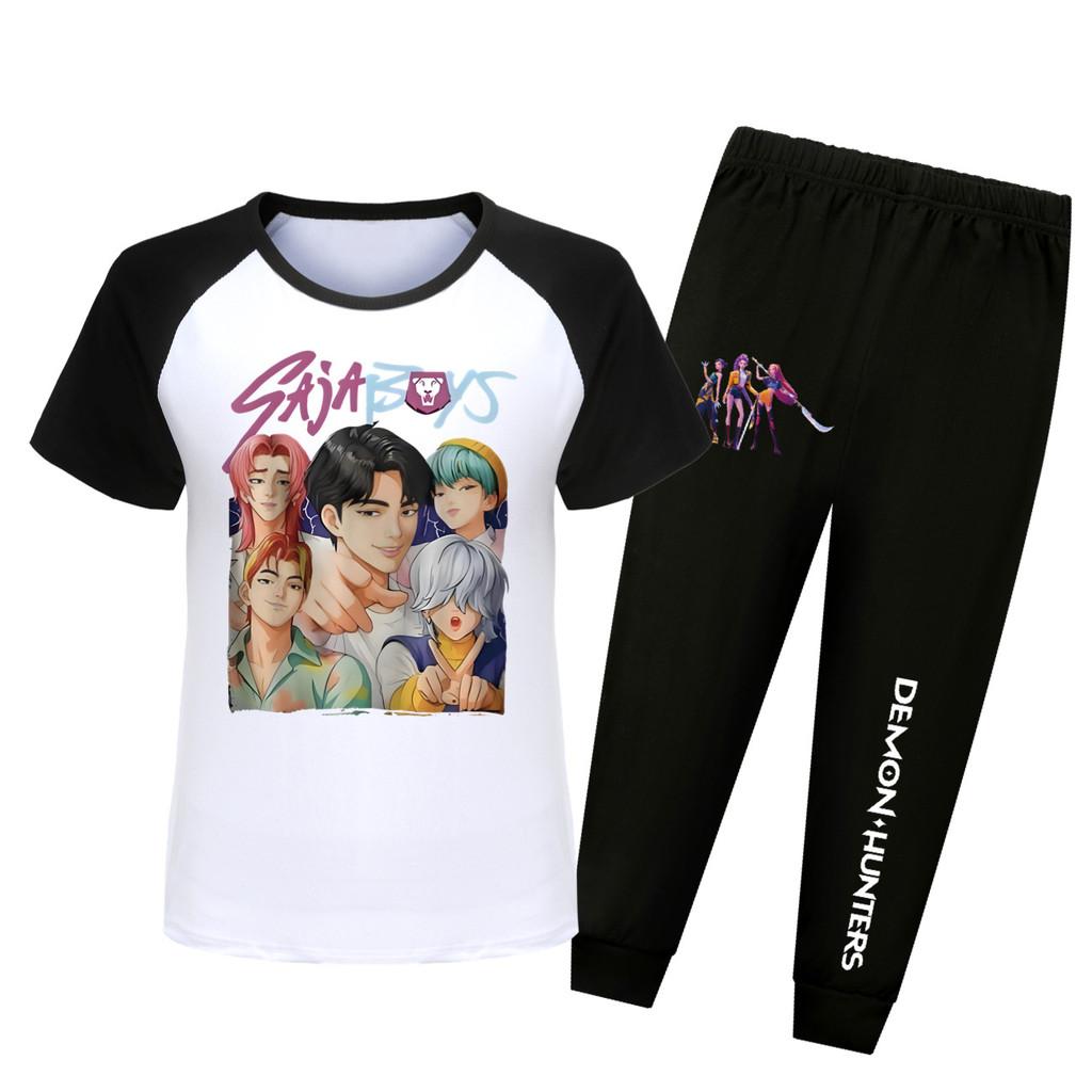Kpop Охотники на демонов Саджа Мальчики Узор Рубашка с коротким рукавом Длинные брюки Пижамный костюм