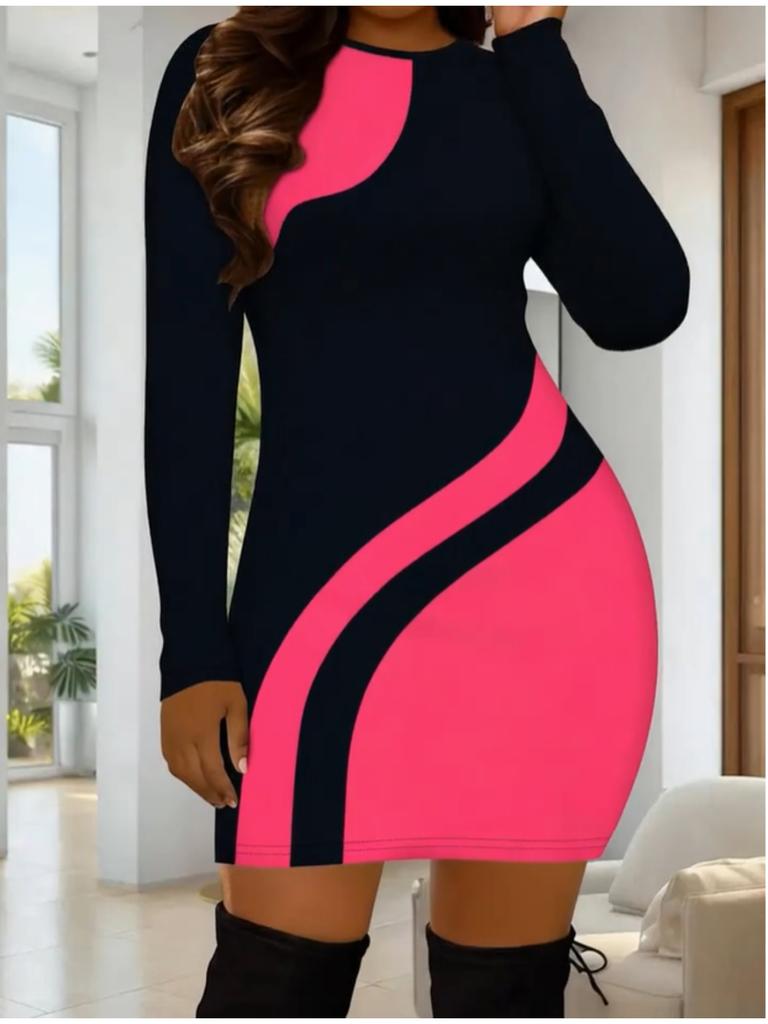 2025 Осень и Зима Новое 3D Ретро Принт и Крашение Женская Мода Платье с Длинным Рукавом и Круглым Вырезом Облегающее Бедра Ограниченная Серия к Дню Святого Валентина