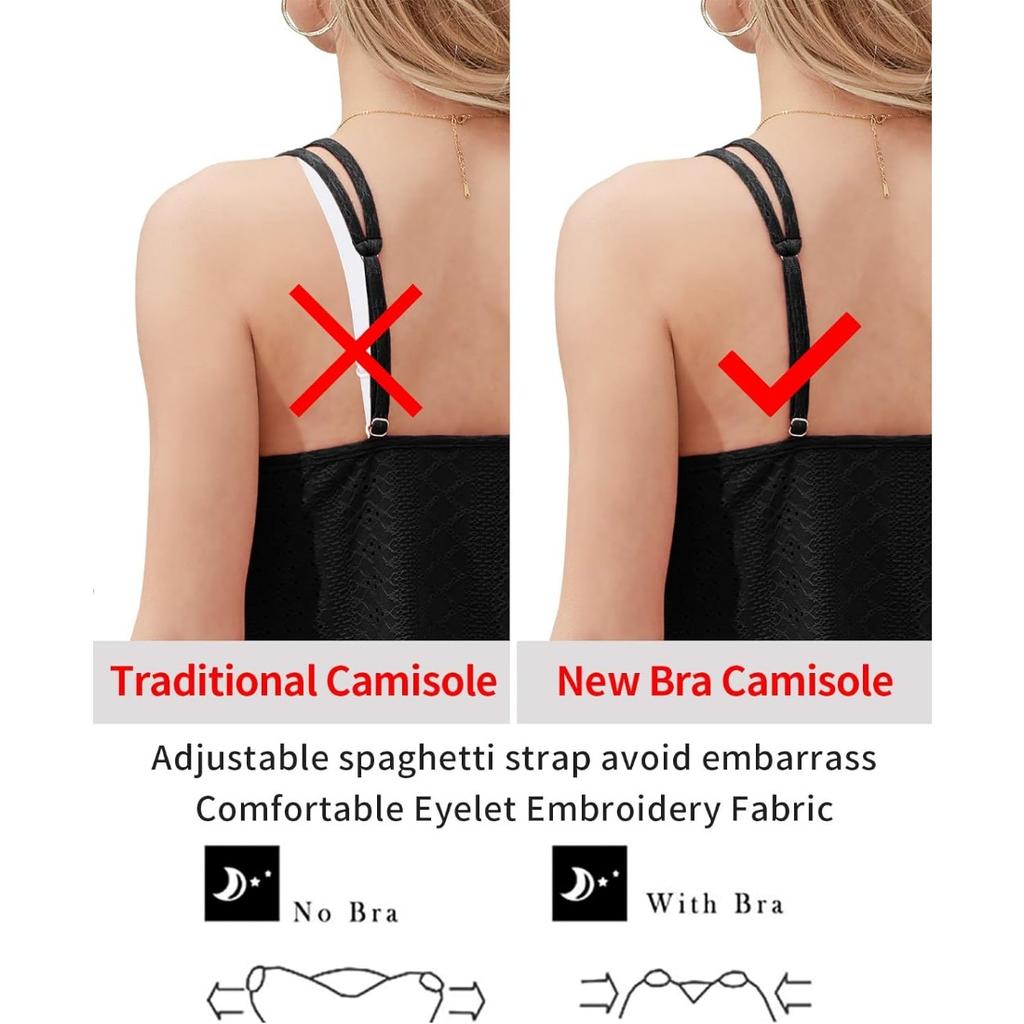 CHARMLEAKS Женские майки со встроенным бюстгальтером, бретельки с струящимися люверсами и вышивкой, регулируемые рубашки на тонких бретелях, рубашки S-3XL