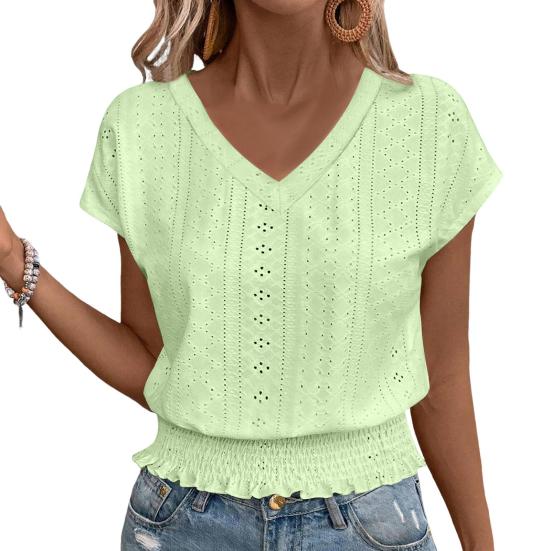 Women Tops V-Neck Short Sleeve Jacquard Decoration Pullover Tops Solid Color Loose Fit Elastic