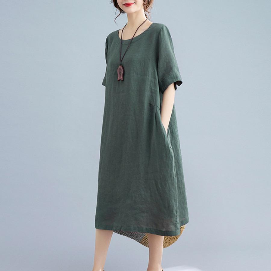 Хлопок лен однотонные винтажные платья лето осень одежда женщины повседневное платье средней длины