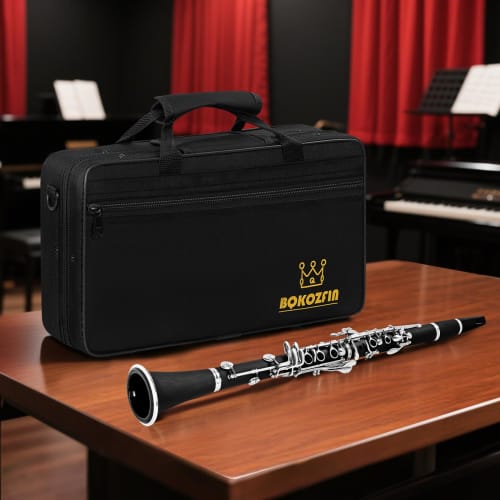 BQKOZFIN Clarinet, B, 17 Keys, Nickel-Plated, ABS Resin Body, Beginner's Wind Instrument Set, F-300, Easy Care, Black (Performance)