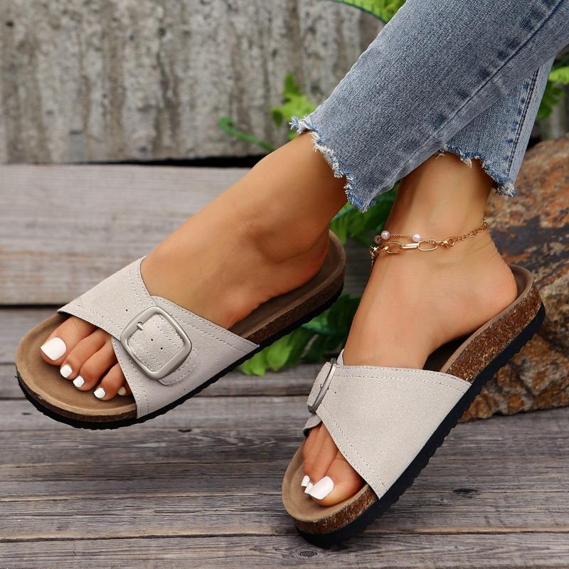 Women's Shoes 2024 Summer Hot Selling Fashion Open Toe Solid Color Medium Heel Flat Bottom Buckle Roman Women's Beach Slippers