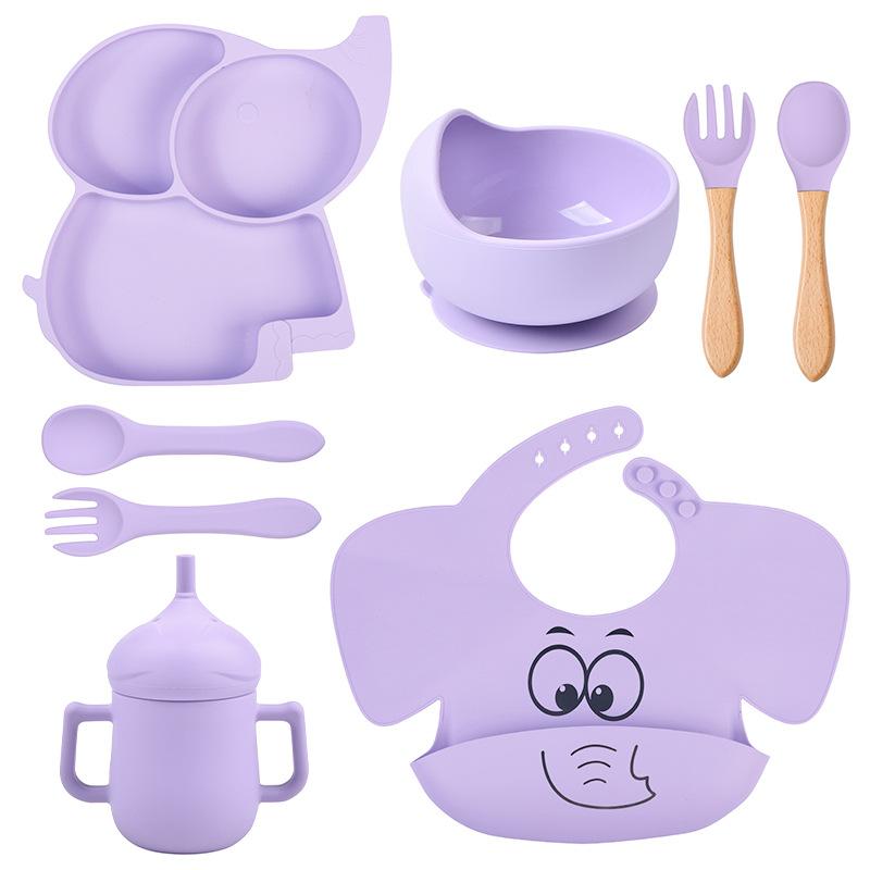 8 шт./компл. набор силиконовой посуды «Слоненок», детские блюда для кормления, миска без бисфенола А, тарелка, нагрудники, наборы ложек и вилок, детская нескользящая посуда