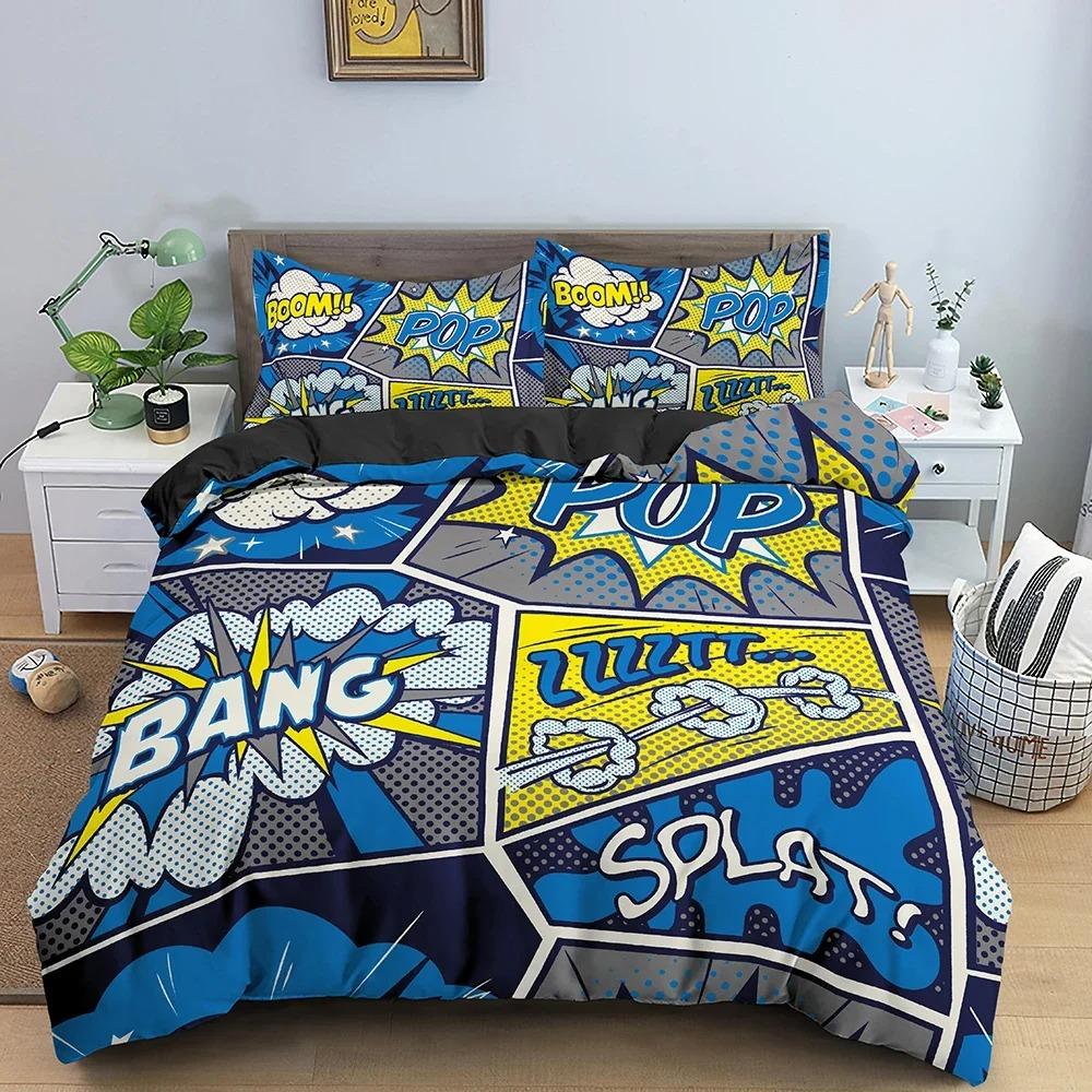 Comic Pattern Duvet Cover Queen King Cartoon Bedding Collection For Boys Girls Hippie Hip Hop Rock Style Polyester Comforter Cover