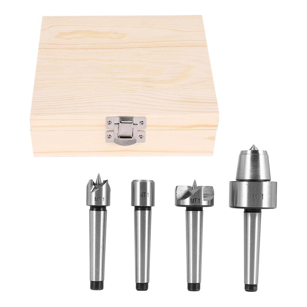 ABUL-4Pcs MT1 Wood Lathe Live Center And Drive Spur Cup MT1 Arbor With Wooden Case