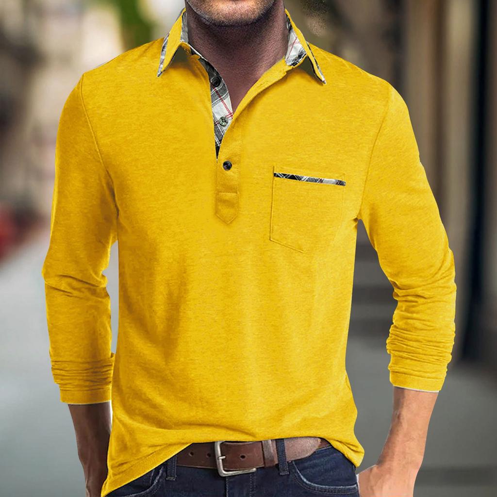 Мужская весенняя однотонная футболка с отворотом, 3 пуговицами, открытой планкой, длинными рукавами