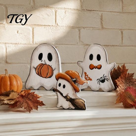 Lightweight Halloween Party Supplies Cute Ghost Sign, Pumpkin Tombstone Wooden Plaque Reusable Autumn Seasonal Accents for Tiered Tray Decor,