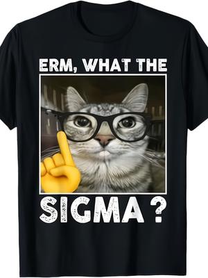 EnS Смешная кошка Обучение Графическая футболка ERm Что за Сигма Черная футболка с очками Дизайн кошки Повседневная футболка для любителей кошек