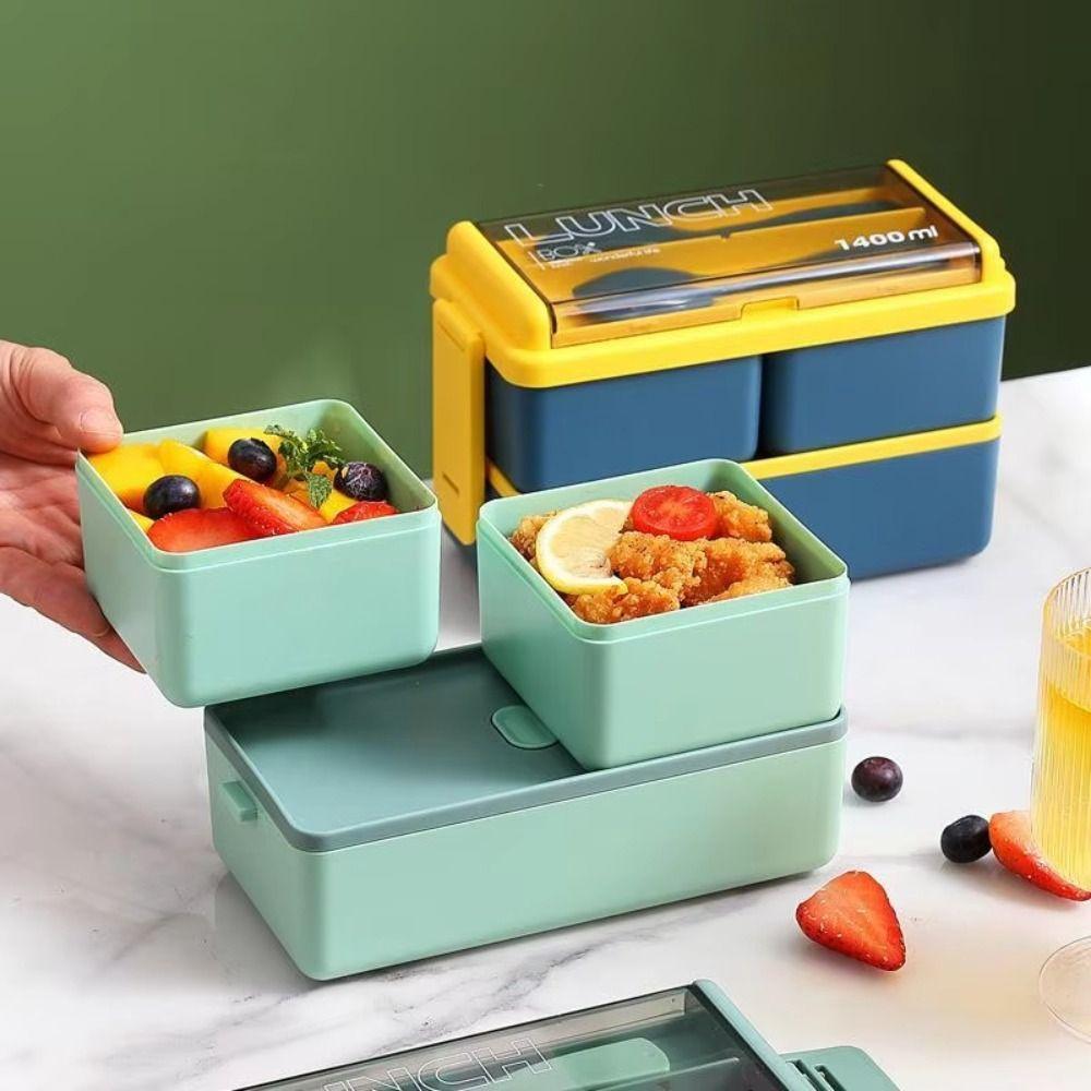 With Fork and Spoon Microwave Bento Boxes Double Layer Dinnerware Set  Office Worker
