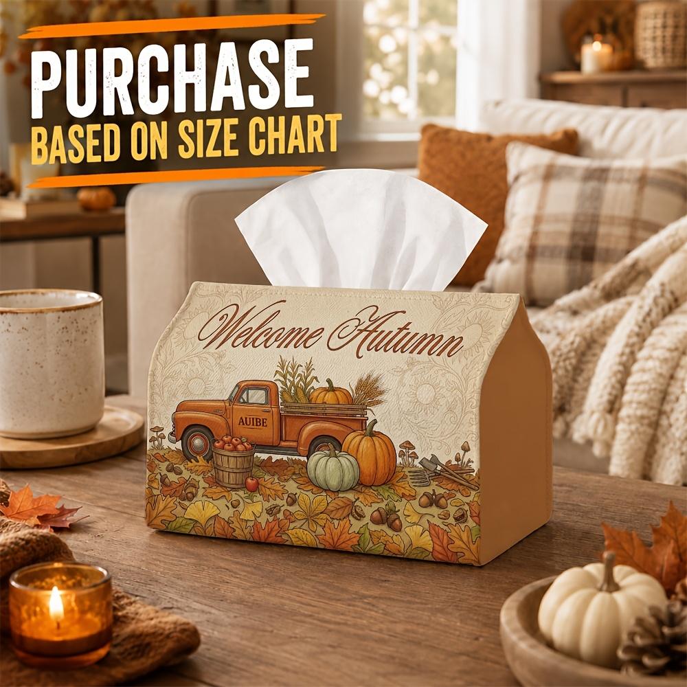 1pc Vintage Americana Fall Tissue Box with Truck Pumpkin Harvest Scenery- Napkin Storage Organizer for Kitchen,Car,Elegant Decorative Box,Purpose for