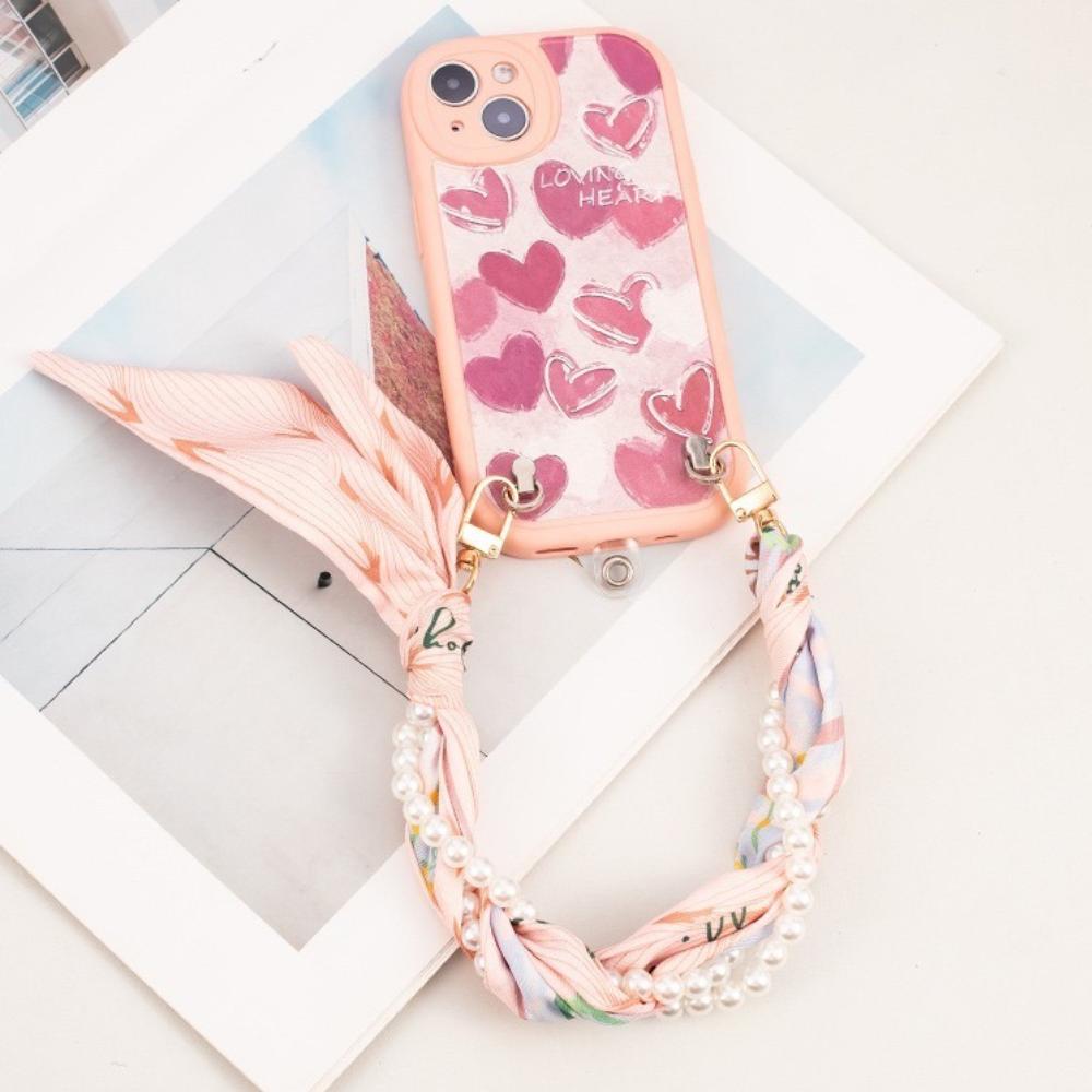 Mobile Phone Chain Network Red Short Rope Mobile Phone Lanyard Creative Ins Wind Pearl Mobile Phone Lanyard Double Buckle Braided Silk Scarf